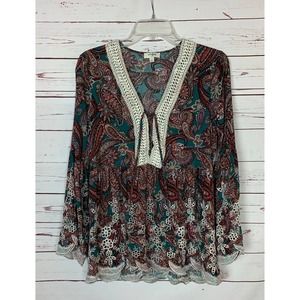 Umgee Teal and Burgundy Paisley Blouse with Lace
